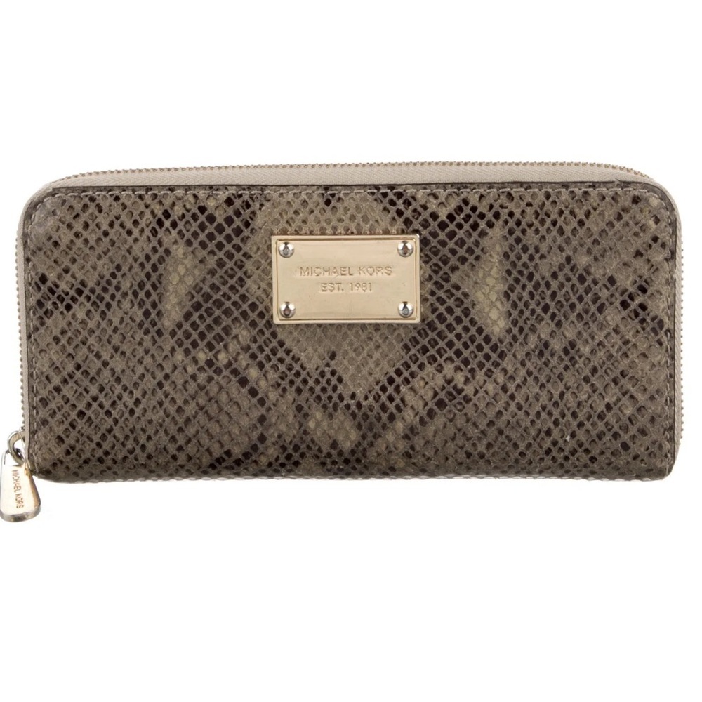 Michael Kors Zippy Zip Around Leather Wallet Large Snake Print Tan Organizer Bag